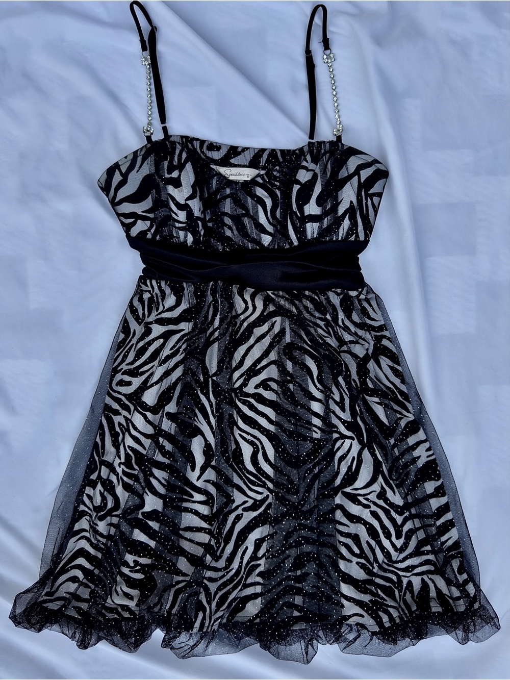 vintage y2k speechless zebra print glitter mesh babydoll dress